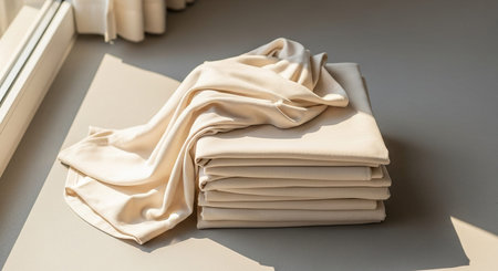 Stacked beige fabric sheets with a draped cloth, illuminated by natural sunlight Clear details and vibrant col...の素材