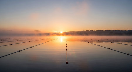 Sunrise over the lake with solar panels in a foggy morningの素材
