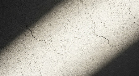 A close-up of a textured wall with a dramatic diagonal beam of sunlight and shadow.の素材