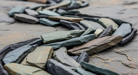 Outdoor showing winding path of flat, layered slate stones on a rough stone surface keywords: slate, stones,...の素材