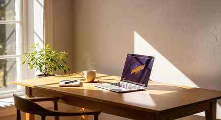 A wooden desk is illuminated by warm sunlight from a window, featuring a laptop, notebook, and coffee cup.の素材
