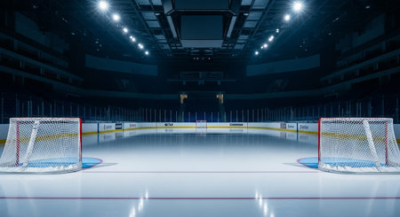 Ice hockey rink with blue lights. 3D rendering. Perspective view.の素材