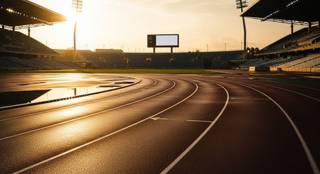 Athletics track at the stadium in sunset. Sport backgroundの素材