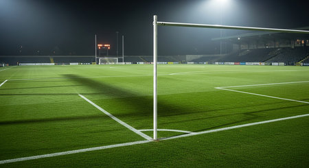 Empty soccer field at night with lights and goal post in the backgroundの素材