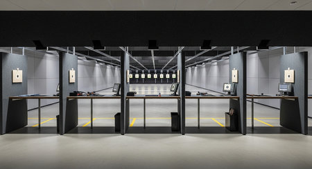 An indoor shooting range with multiple firing lanes, targets, and computer stations.の素材