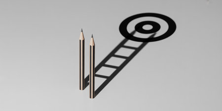Two striped pencils are positioned on a white surface, their shadows creating a ladder leading to a bullseye target.の素材