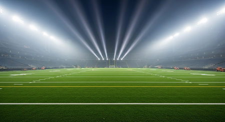 Football stadium at night with bright spotlights and green grass field.の素材