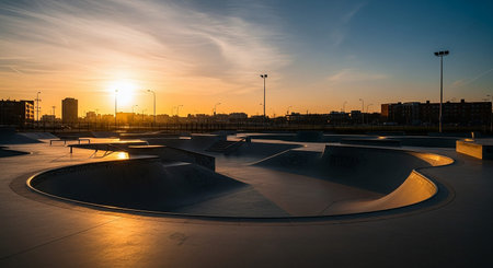 A concrete skatepark with various bowls and ramps is bathed in the warm golden light of sunset.の素材