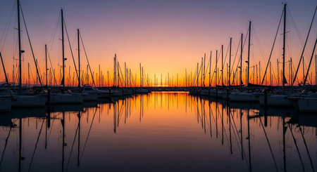 Sailboats docked in a marina at sunset with a vibrant orange sky reflected on the calm water.の素材