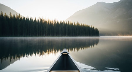The pointed bow of a canoe rests on a perfectly still lake, reflecting a dense pine forest and hazy mountains under a soft, misty sky.の素材