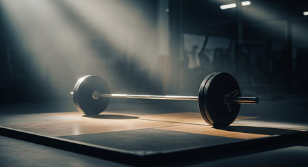 A barbell with weight plates rests on a wooden platform in a gym with dramatic lighting.の素材