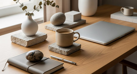 A cozy desk with a laptop, notebook, coffee mug, vase with branches, and decorative stones.の素材