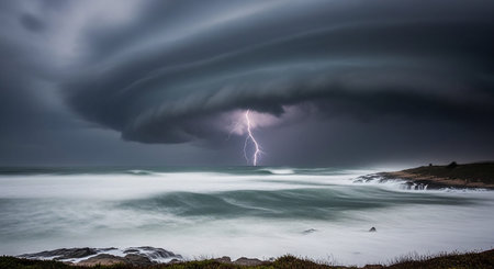 With showing dramatic lightning strike illuminates stormy ocean with turbulent waves crashing on rocky shore keywords: lightning, storm, thunder,...の素材