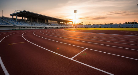 Running track in the stadium at sunset, sport background and texture.の素材