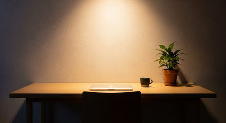 Minimalist workspace with laptop and coffee cup on wooden table. 3D Renderingの素材