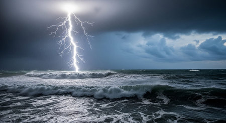 A dramatic ocean storm large, white-capped waves under a dark, moody sky, with a lightning strike illuminating the horizon.の素材