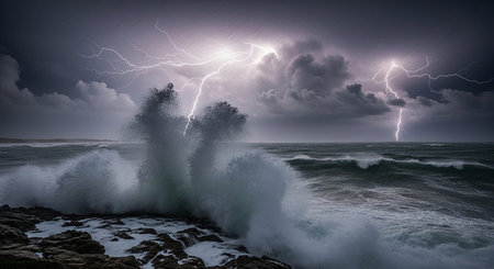 A dramatic seascape captures a powerful ocean storm with large waves crashing against a rocky shore under a dark, cloud-filled sky.の素材