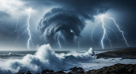 Multiple lightning strikes pierce a dark, swirling storm cloud above a rocky shoreline and a turbulent, wave-filled ocean.の素材