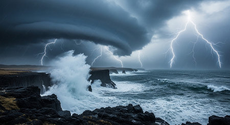 Bright lightning flashes illuminate a dark, turbulent sky above a stormy sea. Powerful waves crash against rugged, dark cliffs along the coastline.の素材