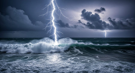 A single, lightning bolt strikes a massive ocean wave during a dark storm, creating a dramatic and powerful natural spectacle over the sea.の素材