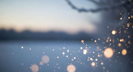 Glowing showing bokeh lights and blurred winter landscape at dusk with soft glowing orbs and hazy horizon keywords: bokeh, lights, blurred, winter,...の素材