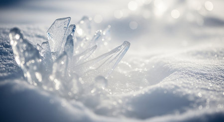 Intricate ice crystals with sharp edges emerge from a textured snowy ground, illuminated by soft, out-of-focus bokeh lights creating a bright and...の素材
