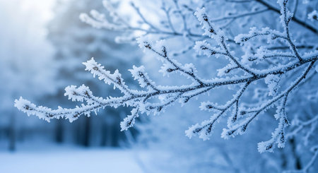 Close-up showing close up of delicate frost crystals coating bare tree branches against a soft blue winter forest background keywords: frost, ice,...の素材