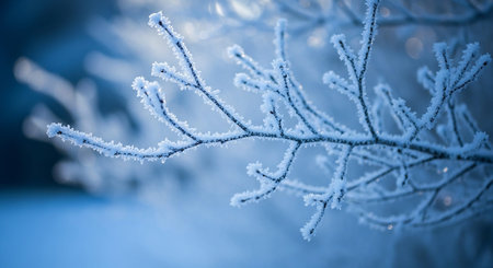 Close-up of thin tree branches covered in delicate frost crystals against a soft blue, out-of-focus winter background with subtle bokeh lights.の素材