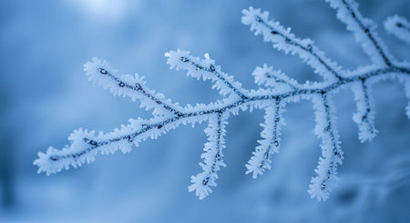 A detailed macro shot of a tree branch heavily coated in frost crystals. The soft blue, blurred background emphasizes the intricate icy textures and...の素材