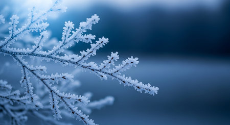 Detailed close-up of tree branches covered in intricate frost formations. The icy texture stands out against a deep blue, softly blurred background,...の素材