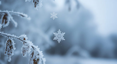 Two intricate snowflakes float in the air against a softly blurred background of frost-covered branches and pale blue sky.の素材