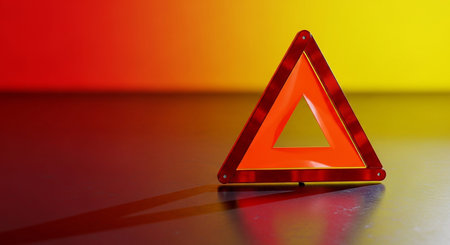 A bright orange and red reflective warning triangle hazard sign sits on a dark surface, casting a long red shadow against a gradient background.の素材