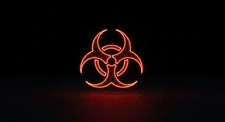 Particles showing biohazard symbol glowing with orange particles and light on a dark background. resolution use.の素材