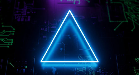 Blue showing blue neon triangle outline glowing brightly against a dark background with circuit board patterns in green and purple. resolution...の素材
