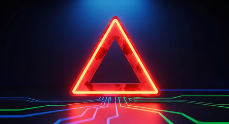 A bright red neon triangle symbol with a textured surface glows intensely against a dark, futuristic background featuring illuminated circuit board...の素材