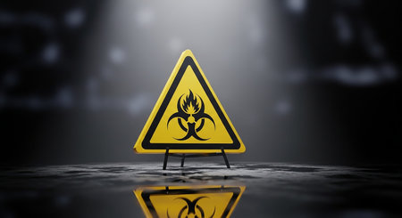 showing biohazard warning symbol on yellow triangle sign with black border and stand on dark reflective surface. resolutionの素材