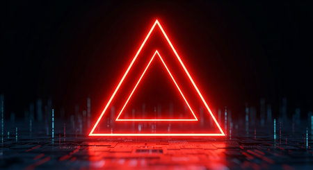 Two concentric red neon triangles glow intensely, casting a red light on a dark, textured surface resembling a futuristic circuit board with...の素材