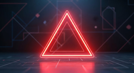 Reflections showing bright red neon triangle symbol with geometric lines and reflections on dark digital grid surface. resolutionの素材
