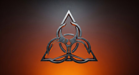 A metallic biohazard symbol is framed by a triangular structure with a distressed, rusty texture. The background is a warm gradient of orange and brown.の素材