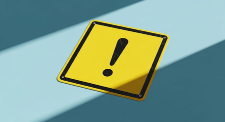 Light showing yellow square warning sign with exclamation mark on a light blue surface with diagonal shadows. resolutionの素材