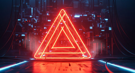 A bright red neon triangular frame with visible wires and wisps of smoke is set against a dark, complex technological background.の素材