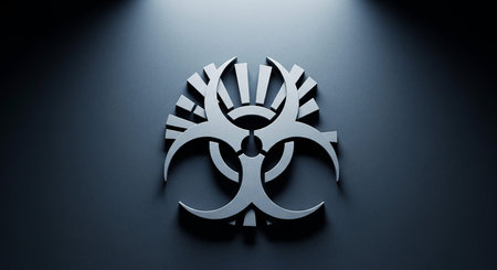 A metallic silver biohazard symbol with intricate radiating lines is prominently displayed against a dark, textured background, illuminated by...の素材