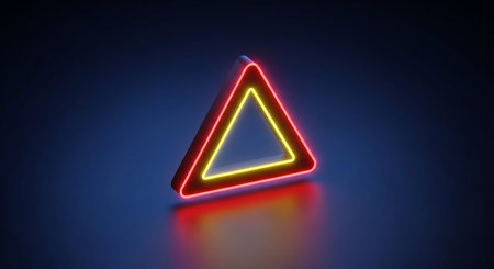 A neon outline of a triangle, with red on the outside and yellow inside, glows brightly against a dark blue background with a soft reflection.の素材