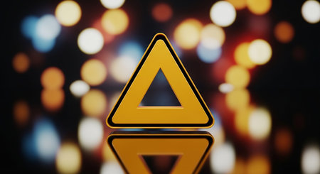 A bright yellow warning triangle with a black outline is sharply reflected on a dark, glossy surface with blurred colorful lights.の素材