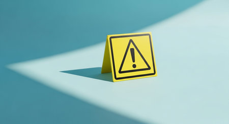 Light showing yellow warning sign with exclamation mark on light blue surface with shadow and light rays. resolutionの素材