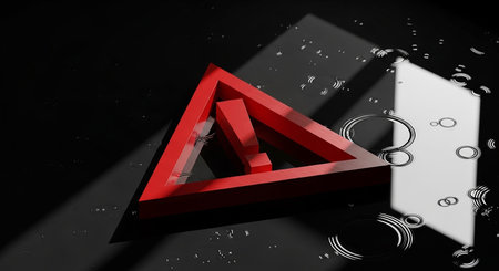 showing red triangle warning symbol with exclamation mark on dark reflective surface with water droplets and shadows. resolutionの素材