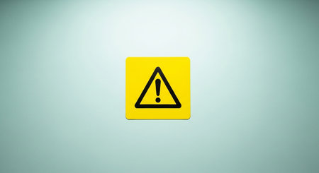 A bright yellow square sign featuring a bold black exclamation mark is centrally placed against a smooth, light blue to white gradient background.の素材