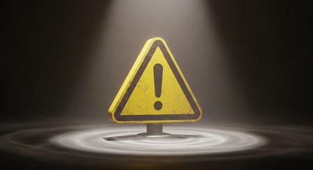 A weathered yellow triangular warning sign featuring a black exclamation mark is dramatically lit by spotlights in a dark, atmospheric setting,...の素材