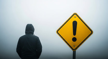 A person wearing a dark hooded jacket stands facing a bright yellow diamond warning sign with a black exclamation mark symbol in a dense, foggy...の素材