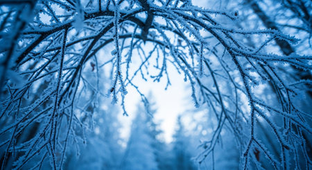 Dark blue toned of frost-covered tree branches forming an arch, with a blurred winter forest in the background.の素材